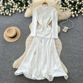 Luxury chic white lantern sleeve stand collar dress - women's  autumn embroidered slim-fit workwear maxi dress