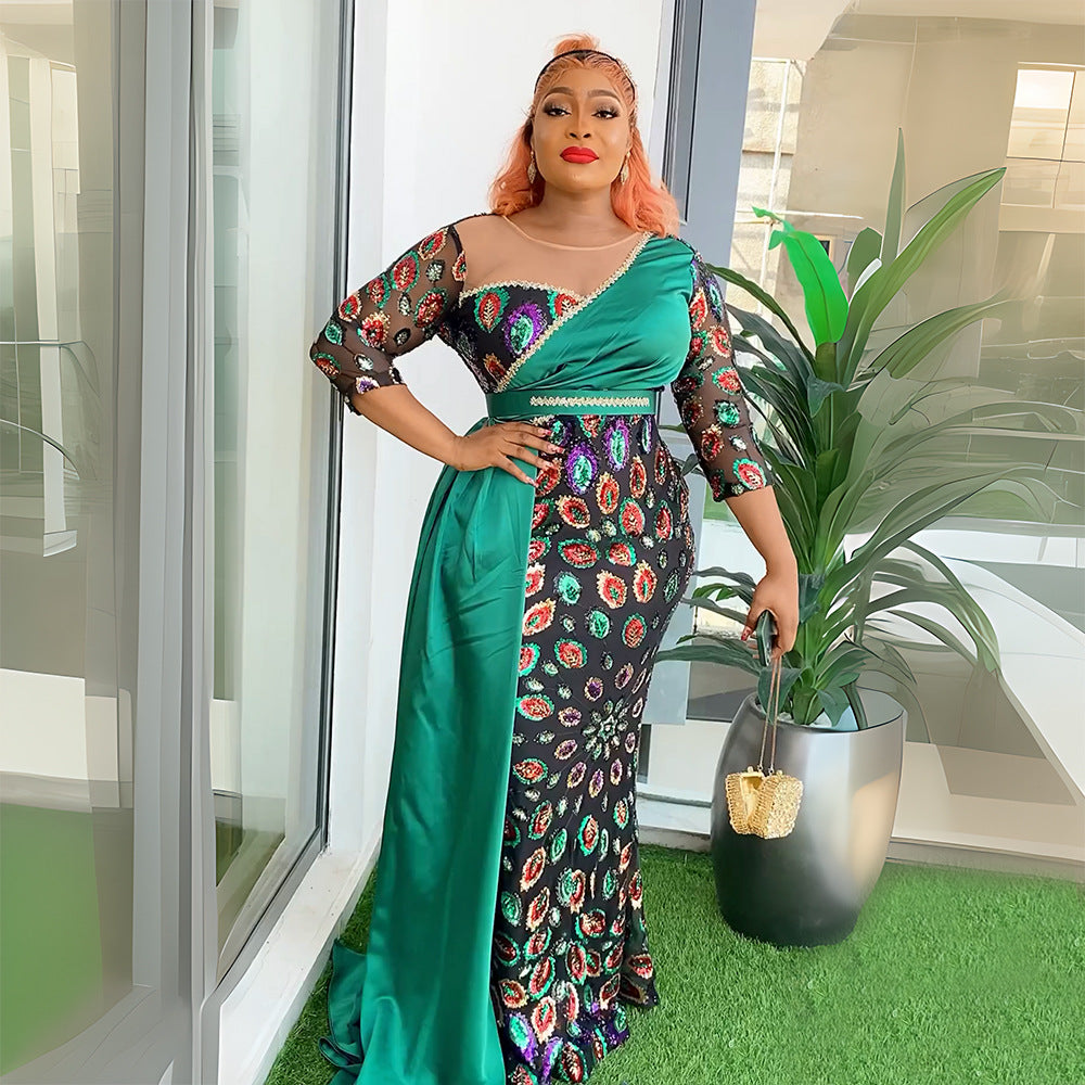 Aliexpress  new arrivalpatchworkcontrast colorhigh waistdressfashion african plus size women's clothing sequin long skirt