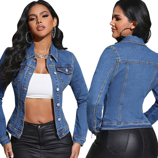 F218619 Cross-border European and American women's clothing lapel button long-sleeved fashion denim jacket source factory direct sales