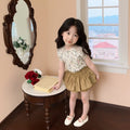 Girls' korean style  summer floral stand collar flutter sleeve babydoll top and khaki tiered skirt pants two-piece summer outfit