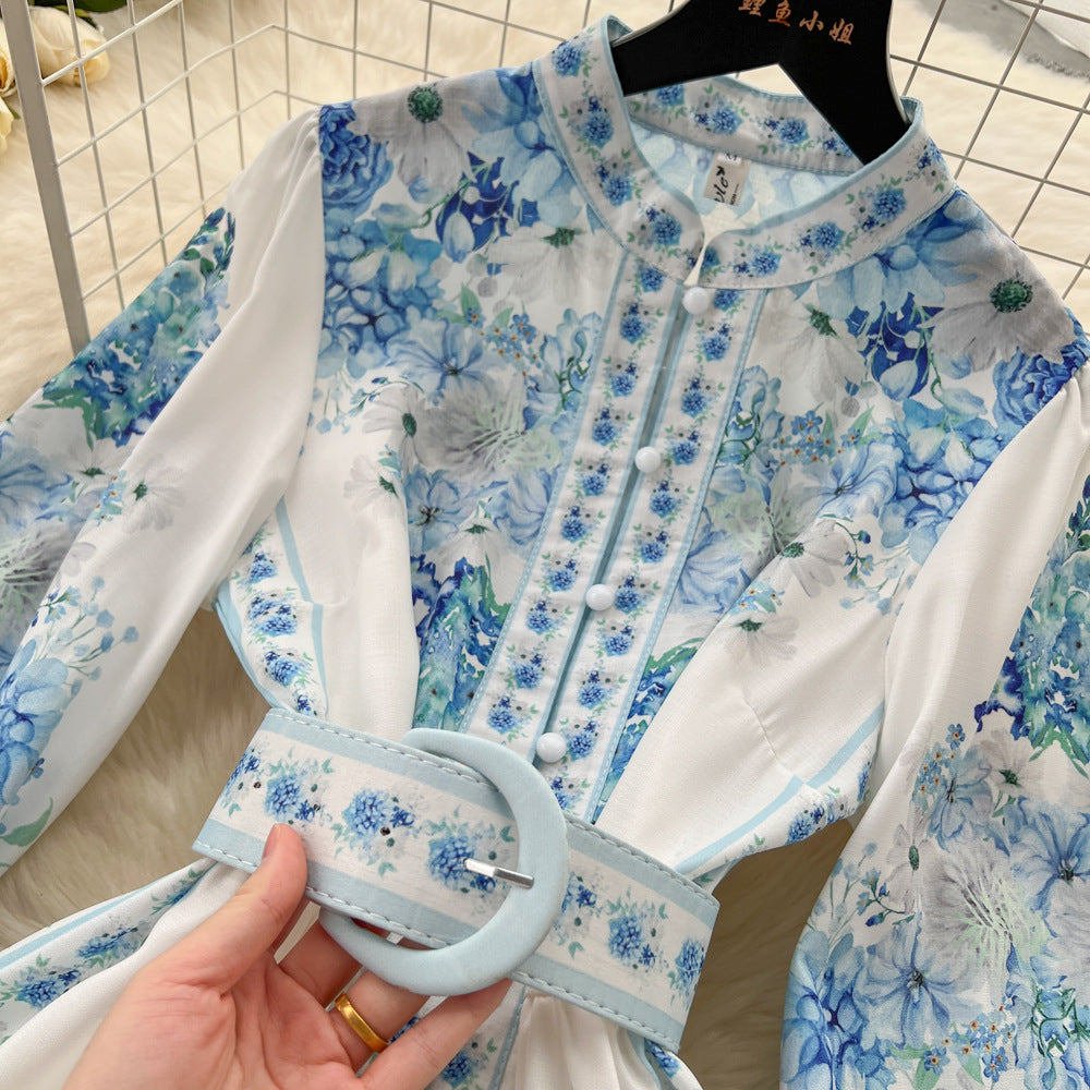 New european and american style women's dress - niche vintage long sleeve stand collar single-breasted cinched waist printed elegant party dress mini skirt