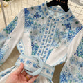 New european and american style women's dress - niche vintage long sleeve stand collar single-breasted cinched waist printed elegant party dress mini skirt