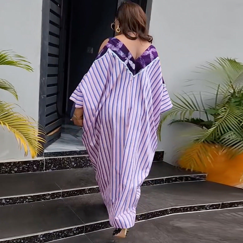 European and american cross-border women's clothing:  summer new arrival - elegant, casual, loose-fit, plus size, v-neck, striped maxi dress