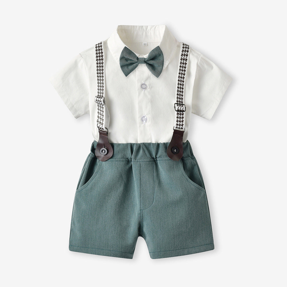 Boys' summer short-sleeve overalls set: cotton white shirt birthday performance outfit, korean style kids' clothing