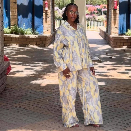 European and American fashion printing loose long-sleeved lapel cardigan shirt trousers women's suit African women's casual two-piece suit