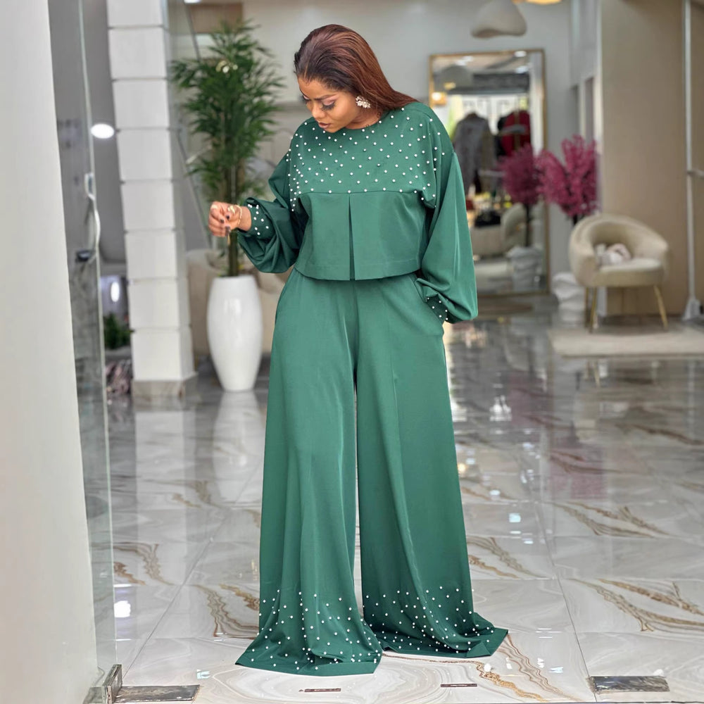 European and american cross-border women's fashion  spring new arrival: elegant round neck beaded lantern sleeve top and wide leg pants set
