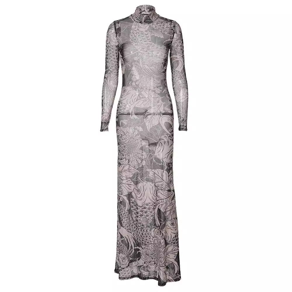 European and American  women's clothing 2023 autumn new fashion mesh printing perspective turtleneck slim and thin dress women