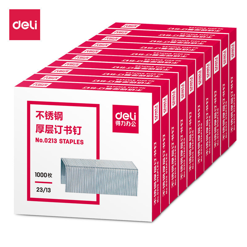 Deli 0213 stainless steel thick layer staples, large staples 23/13 1000 pieces/box, can be ordered for 100 pages