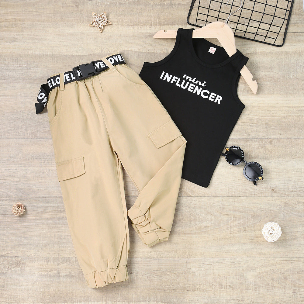 summer collection: girls' cotton printed letter tank top + patch pocket cargo pants set - cross-border fashion for toddlers