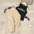 summer collection: girls' cotton printed letter tank top + patch pocket cargo pants set - cross-border fashion for toddlers