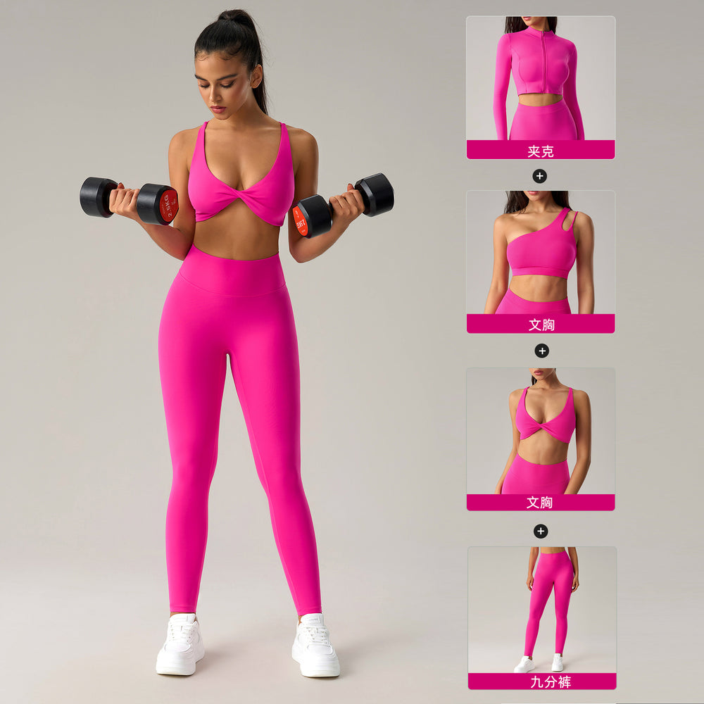 Fashion cross-border nude long sleeves yoga fitness suit women's back sports intimateshigh waist hip lifting tight nine-point pants