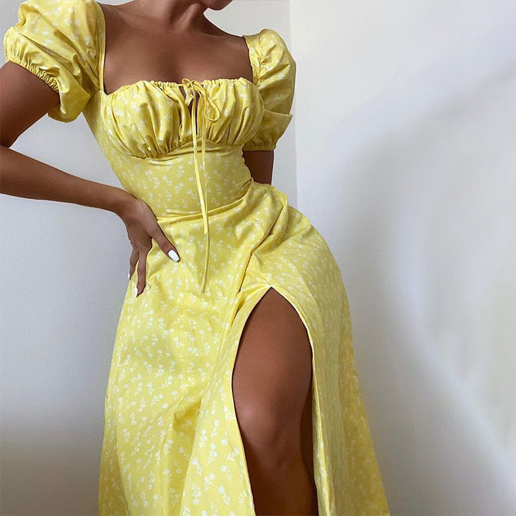 cross-border e-commerce women's fashion: european and american summer new arrivals - french chic floral print spaghetti strap slit dress