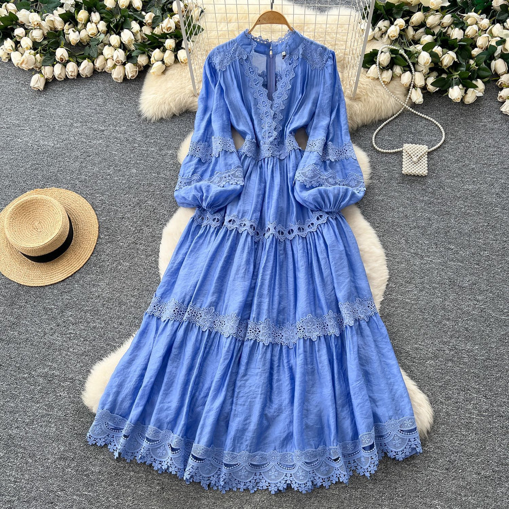 Vintage court style puff sleeve dress - women's autumn hollow-out crochet crossover neck design - exquisite elegant maxi dress