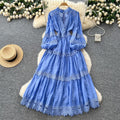 Vintage court style puff sleeve dress - women's autumn hollow-out crochet crossover neck design - exquisite elegant maxi dress