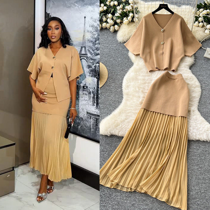 Sophisticated two-piece dress set:  summer collection - premium short-sleeve knit top & high-waisted pleated midi skirt