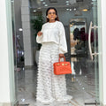 European and american cross-border women's fashion  spring new arrival: elegant round neck lantern sleeve blouse and wide-leg pants set