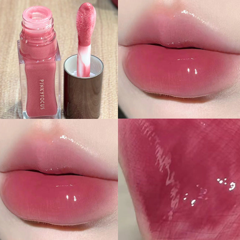 PinkyFocus crimson light transparent lip gloss, long-lasting color rendering, not easy to take off makeup, water light mirror glass lip tender lip glaze