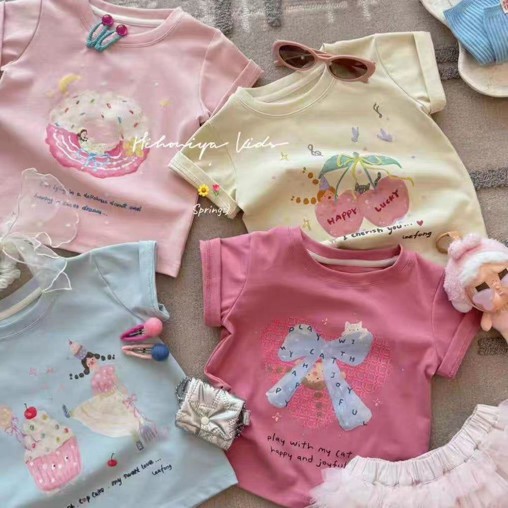 Girls' short-sleeve t-shirt, kids' top, baby girl's clothing, half-sleeve outfit, korean style breathable top for toddlers and young children