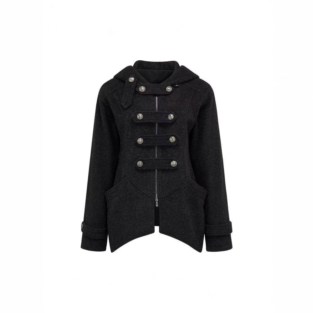 cross-border fashion napoleon woolen hooded outwearretrocasualasymmetrical hem medium longtops