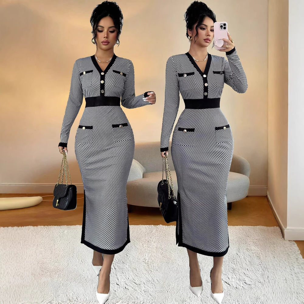 fashion  new arrival: chic & sophisticated v-neck black knit dress -  spring collection