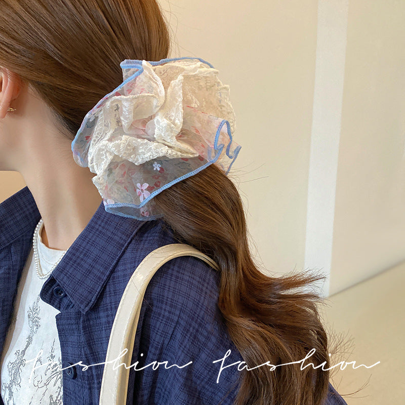 Pink floral mesh large intestine hair tie for women, extra large, high-end, lazy style hair rope, hair accessories, ball head, easiest for match