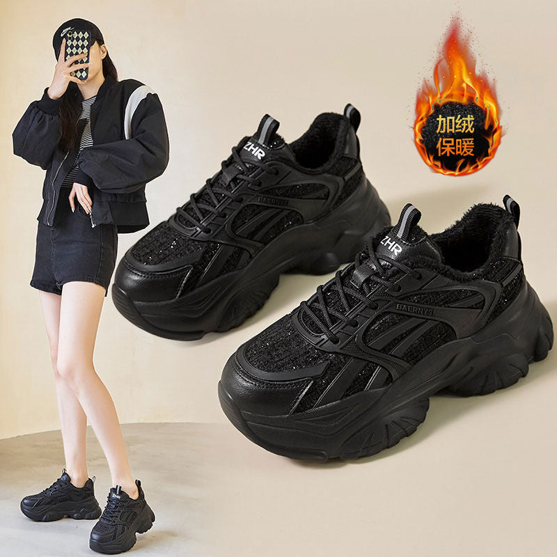 Dad shoes for women, new spring and autumn 2026 collection, black, versatile thick-soled sneakers for students, trendy and casual athletic shoes
