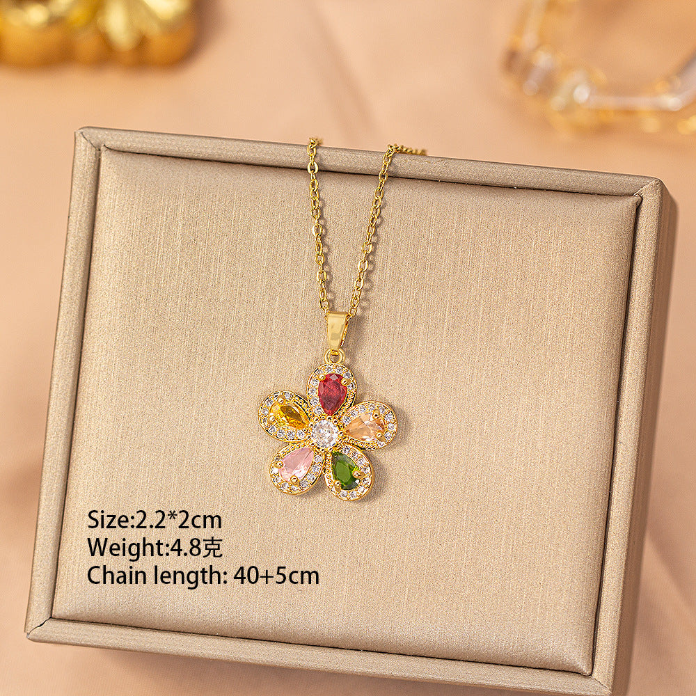 [titanium steel] fashion full diamond copper inlaid zirconium five-petal flower necklace for women, non-fading niche classy simple clavicle chain