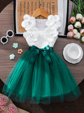 Girls' dress for toddlers and young children, pearl flower bow mesh dress