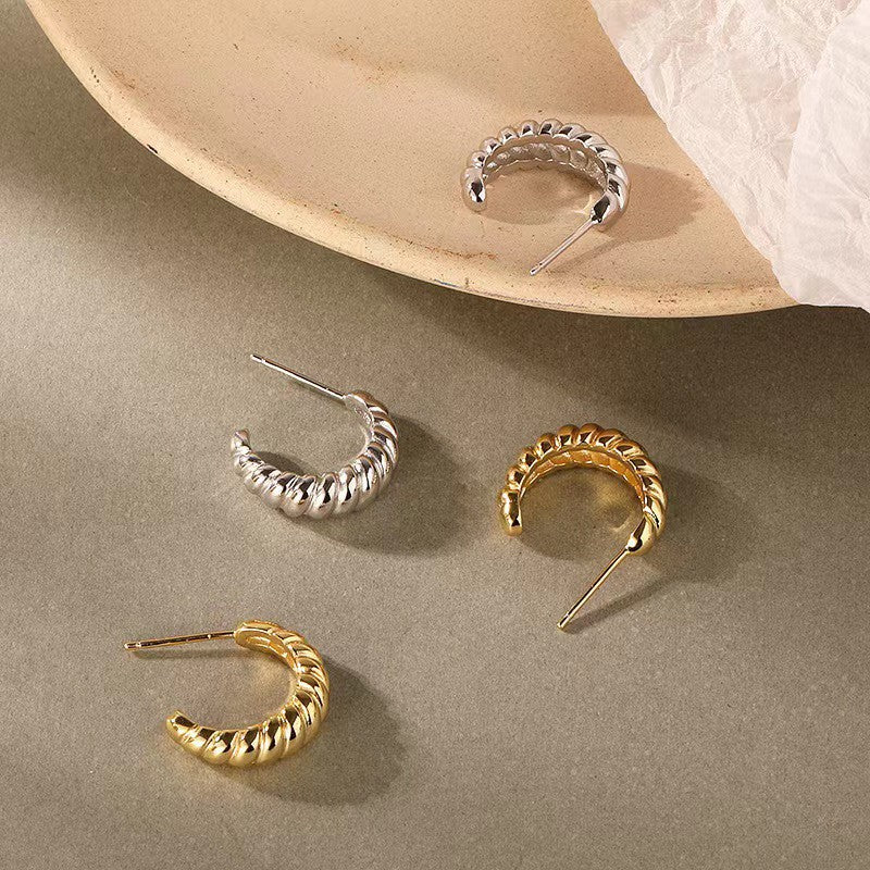 European and american c-shaped cable stitch earrings retro horn thread hollow earrings for women fashionstylishsense of design earrings