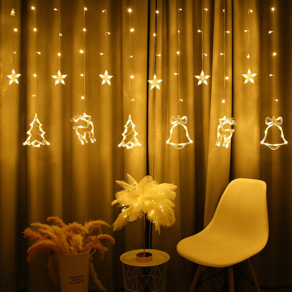 Cross-border Christmas LED curtain lights, lanterns, deer, snowflake bells, stars, ice bar lights, remote control room atmosphere lights