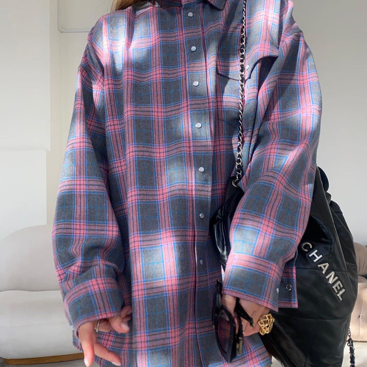 cross-border vintage style versatile turn-down collar loose fit shirt - spring/autumn plaid long sleeve pocket women's blouse