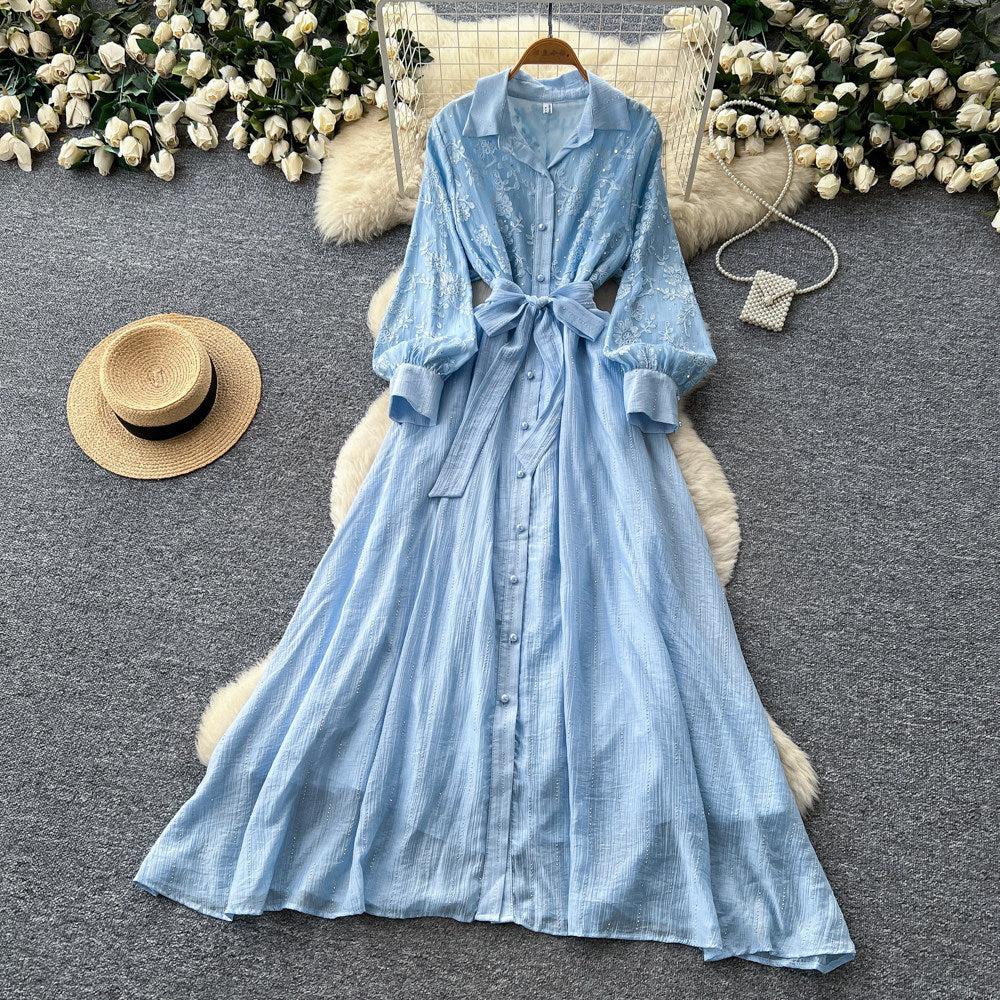 Frenchretro lapel lantern sleeve sequindress women's summerk-style strap waist slimming look long skirt work clothing