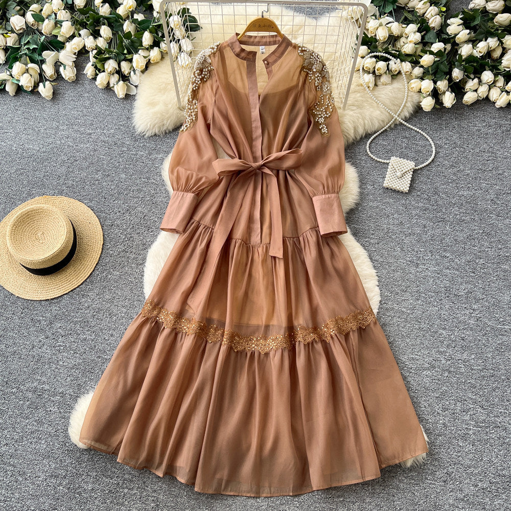 French chic lantern sleeve embroidered dress - spring beaded waist tie a-line maxi dress - elegant & professional