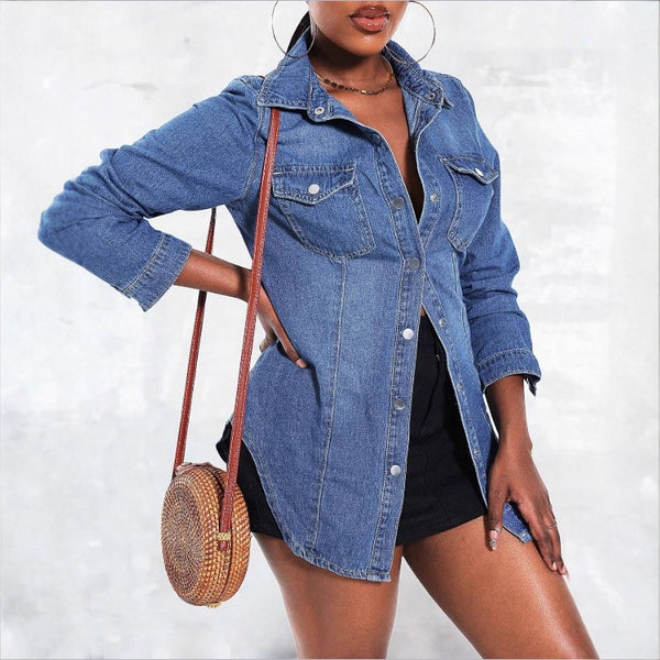 GTC08574 Cross-border new European beautiful women's slim-fit denim jacket slim-fit show lapel shirt