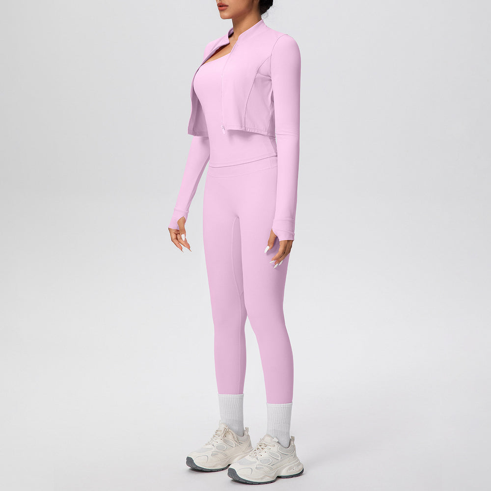 Cloud-feel quick-dry zip-up jacket high-waisted yoga leggings set - outdoor casual running fitness activewear 3-piece set