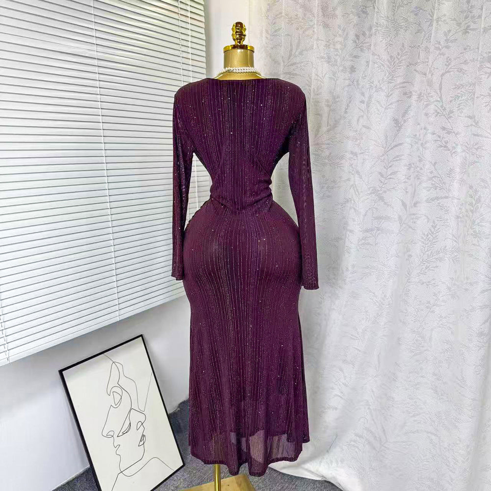 Exportautumnew arrivalsexy cross v necklong sleevesilm elastic mesh hot diamonddressfemaleelegance dress