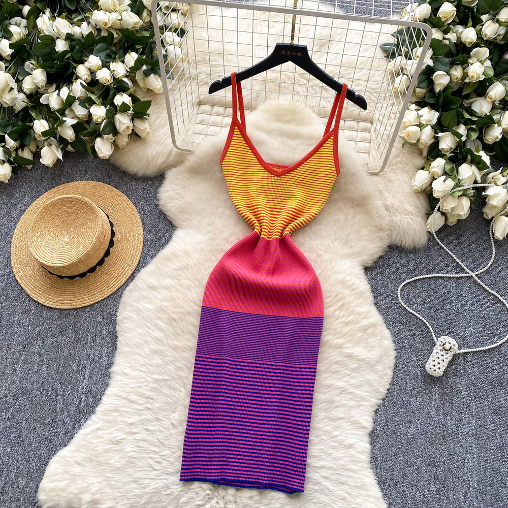 Korean chic summer new arrival: niche retro fashion color block camisole knit dress - women's vacation dress