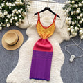 Korean chic summer new arrival: niche retro fashion color block camisole knit dress - women's vacation dress
