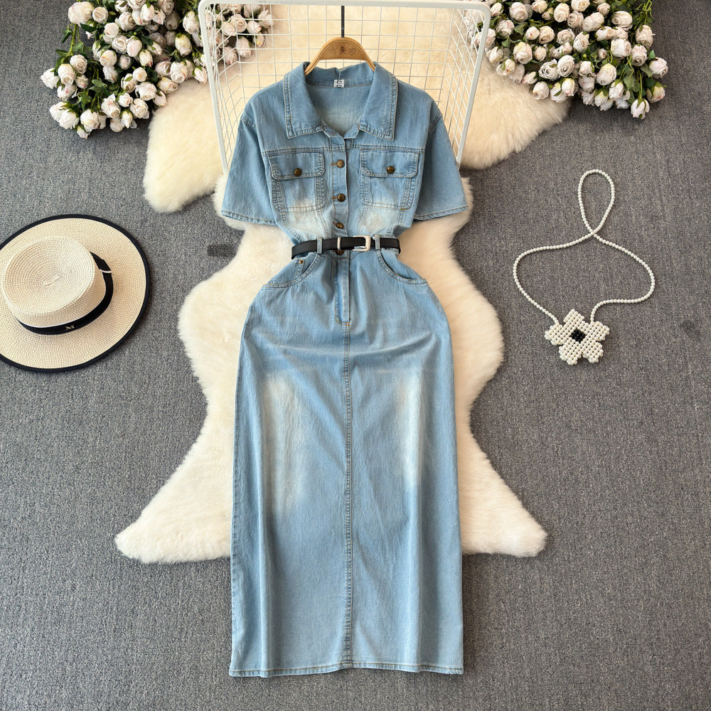 Vintage hong kong style denim dress - women's  summer new arrival - high-end, elegant, slimming, mid-length dress with cinched waist