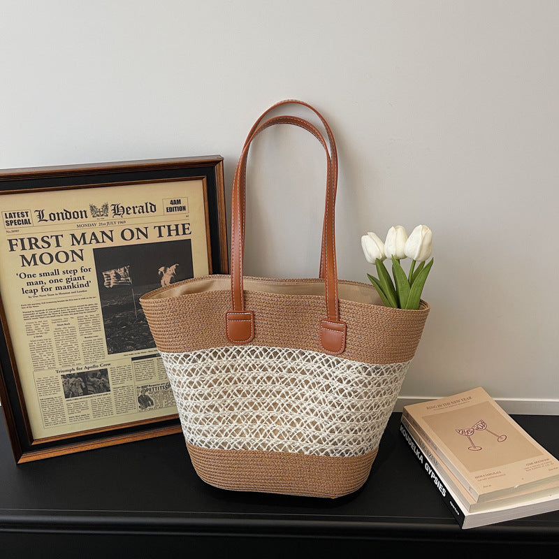 New woven bag large capacity tote bag simple versatile shoulder bag casual travel commute tote bag women's bag