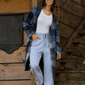 fashion cross-border casual woolenplaid medium long flap pocket pants button long sleevescardiganfashionoutwear