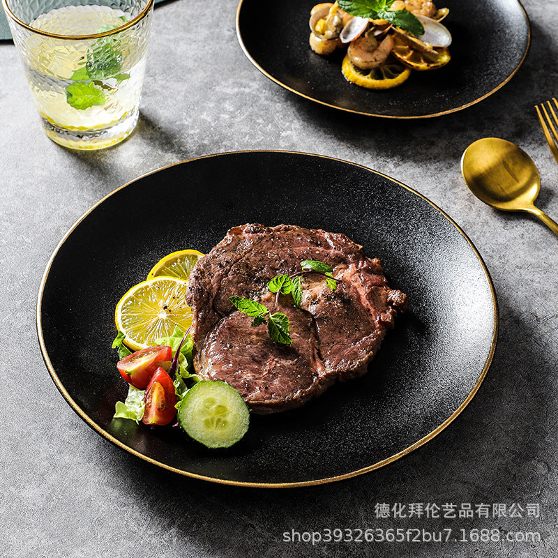 Steak plate western dinner plate creative black matte gold rim steak plate commercial ceramic tableware western dinner plate
