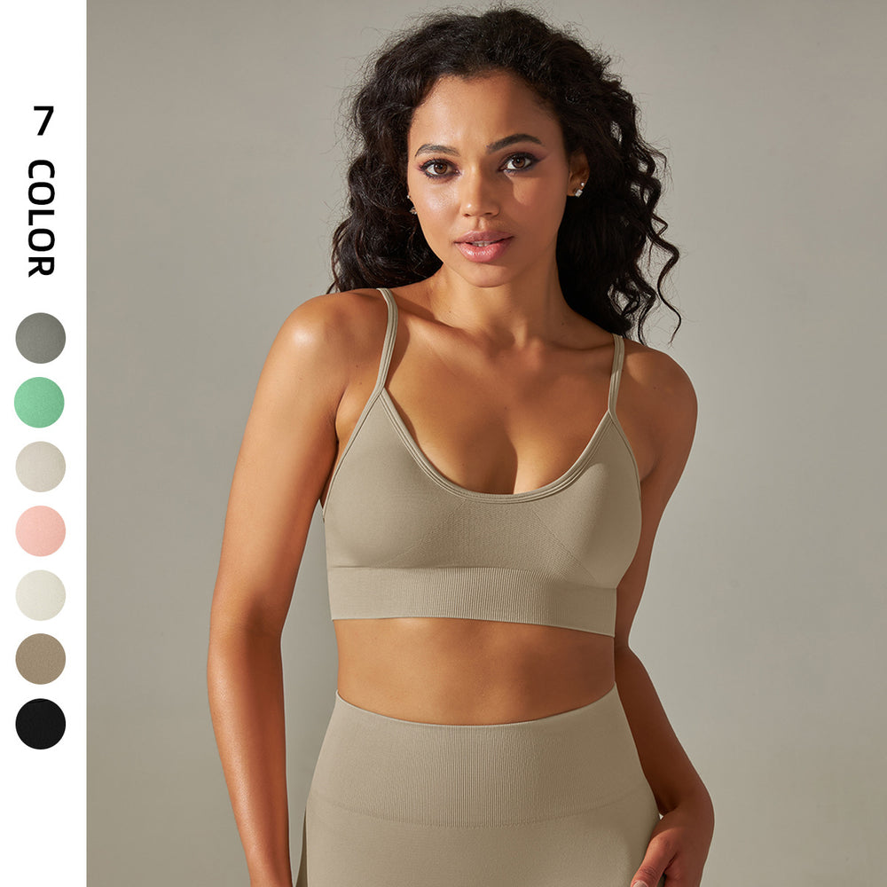 New arrival seamless knittingsexy back yoga clothes thin shoulder strap sports bra bubble wrap push-up fitness vest