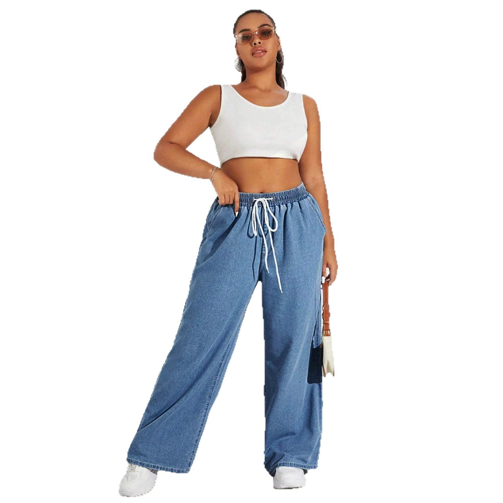 Amazon tiktok pinduoduo foreign trade cross-border fashion plus size drawstring elastic waist wide leg jeans