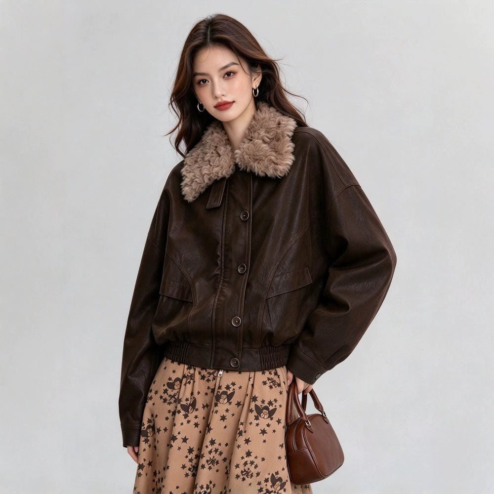 european and american cross-border trade quilted detachable fur collar leather jacket women's autumn/winter patchwork warm short coat