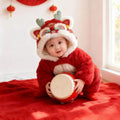 Autumn/winter fleece-lined full month, 100-day, and first birthday baby clothes - unisex chinese style rompers, traditional chinese winter onesies/hoodies