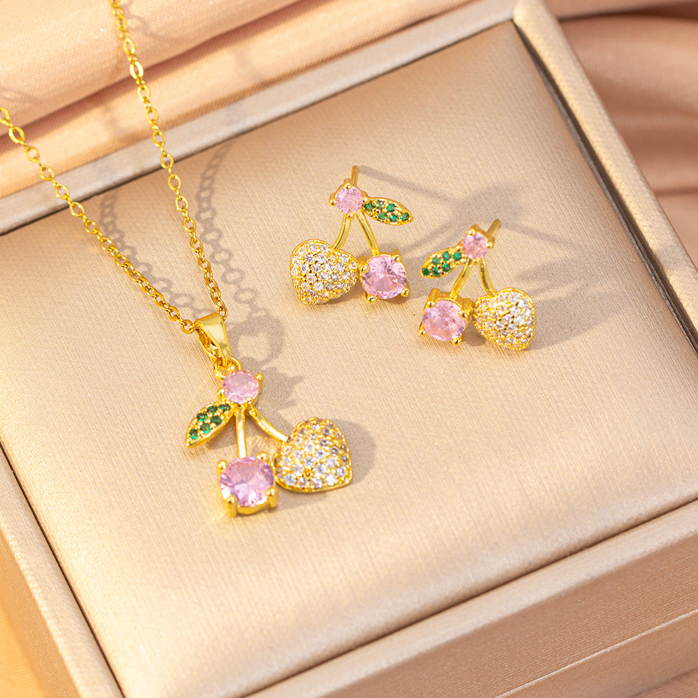 [set] sweet copper inlaid with zirconium and full diamond cherry necklace for women, earrings, versatile and elegant, high-end clavicle chain jewelry