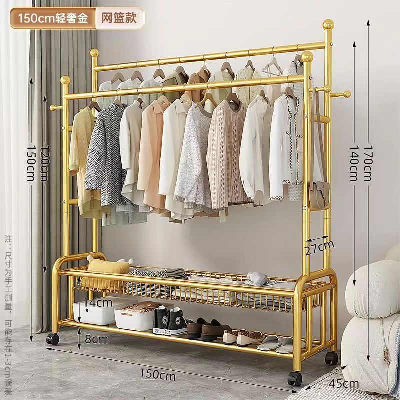 Simple hanger Bedroom floor removable hanger Double rod Double layer storage Multifunctional bold thickened coat rack