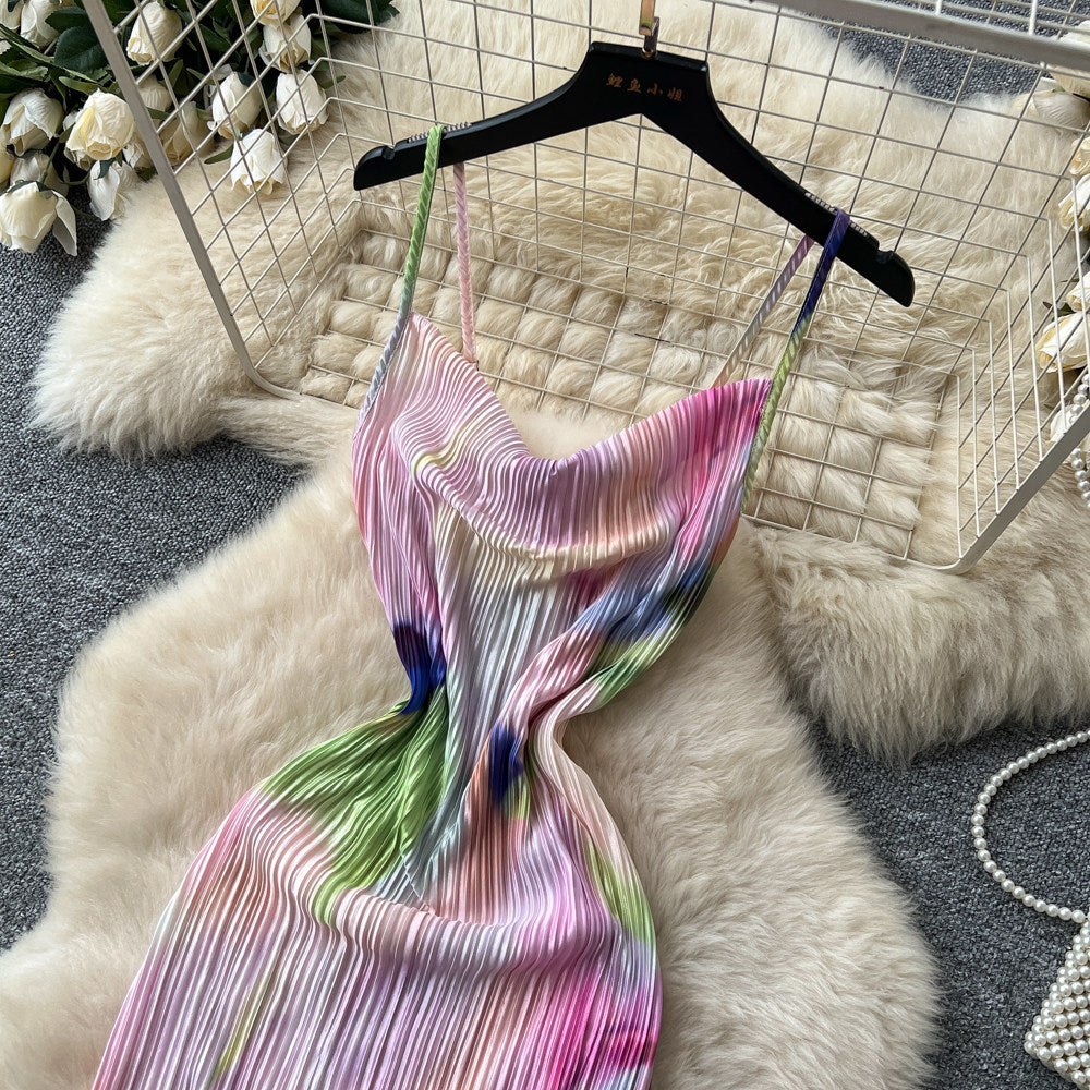 French tie-dye pleated suspender pure desire dress for women summerk-style holiday style waist long skirt dopamine outfit