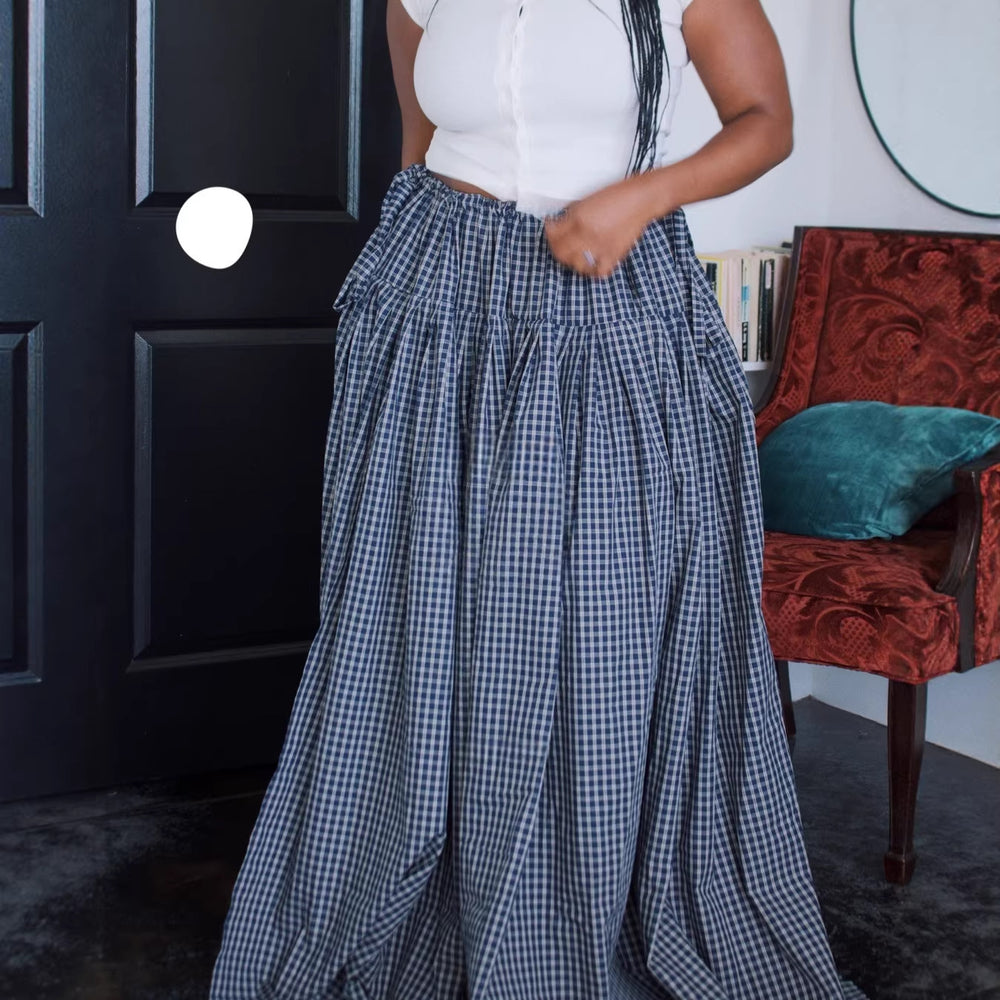 European and american cross-border women's fashion  summer new arrival: high-waisted tie-waist pleated plaid slit maxi midi skirt